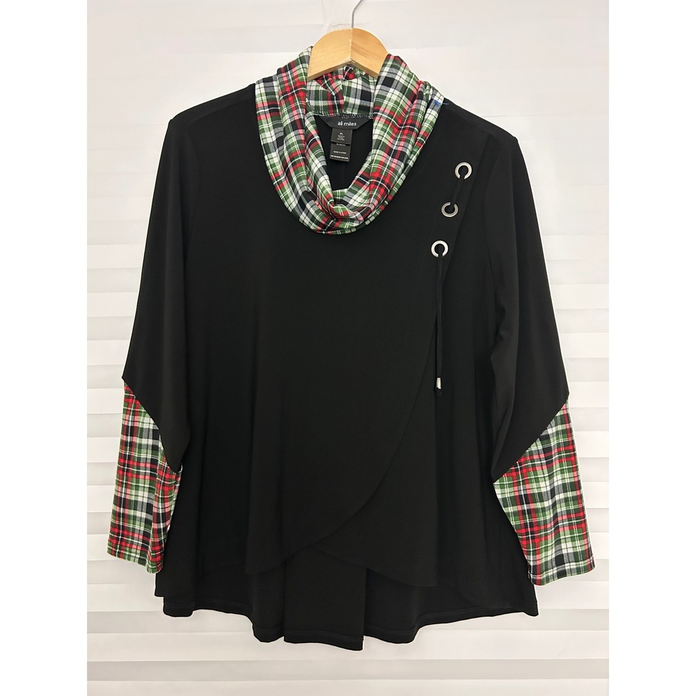 Ali Miles PL Black Plaid Cowl Neck Grommet Wrap Chic Tunic Top Christmas